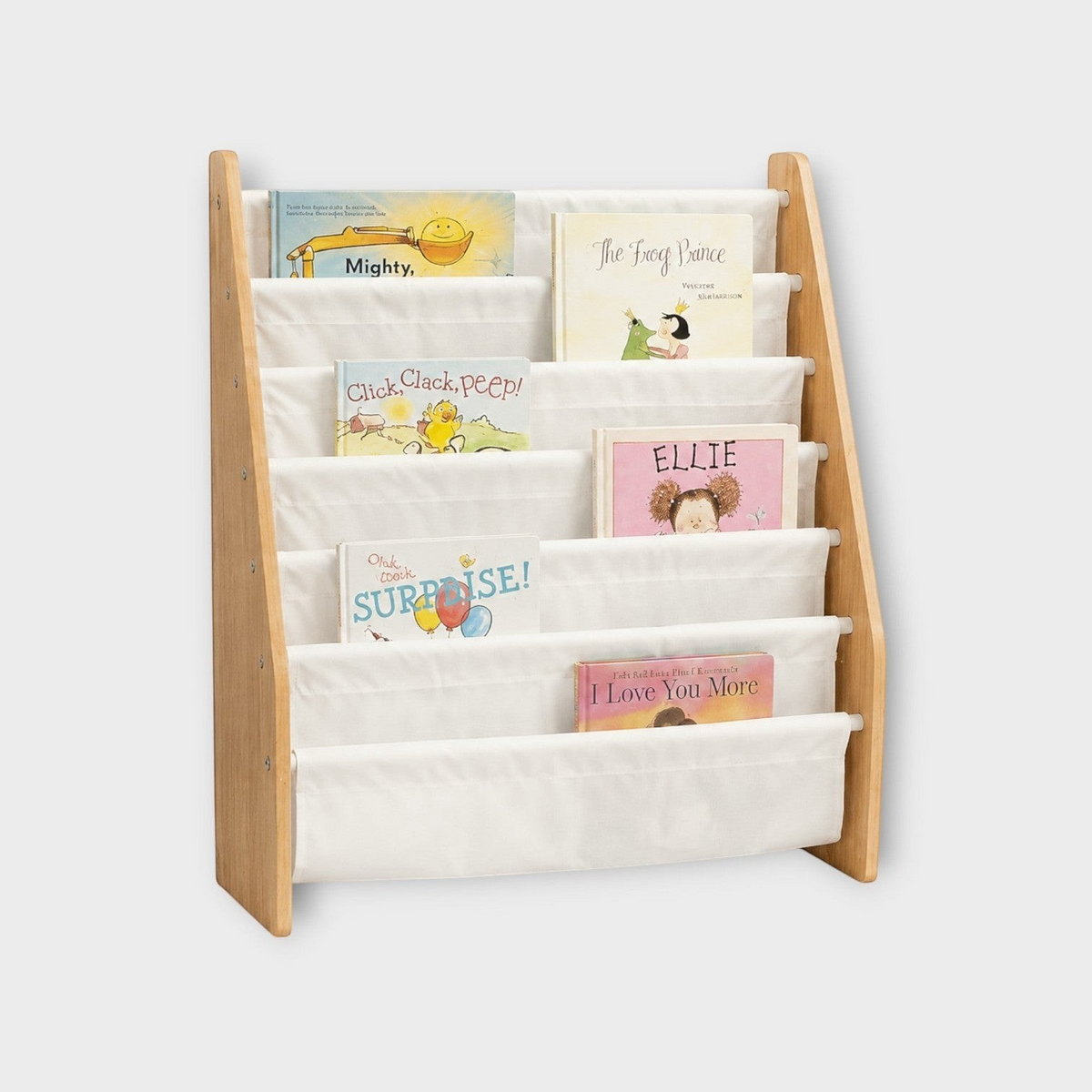 modplay Montessori wooden bookshelf with white fabric slings displaying children's books at eye level