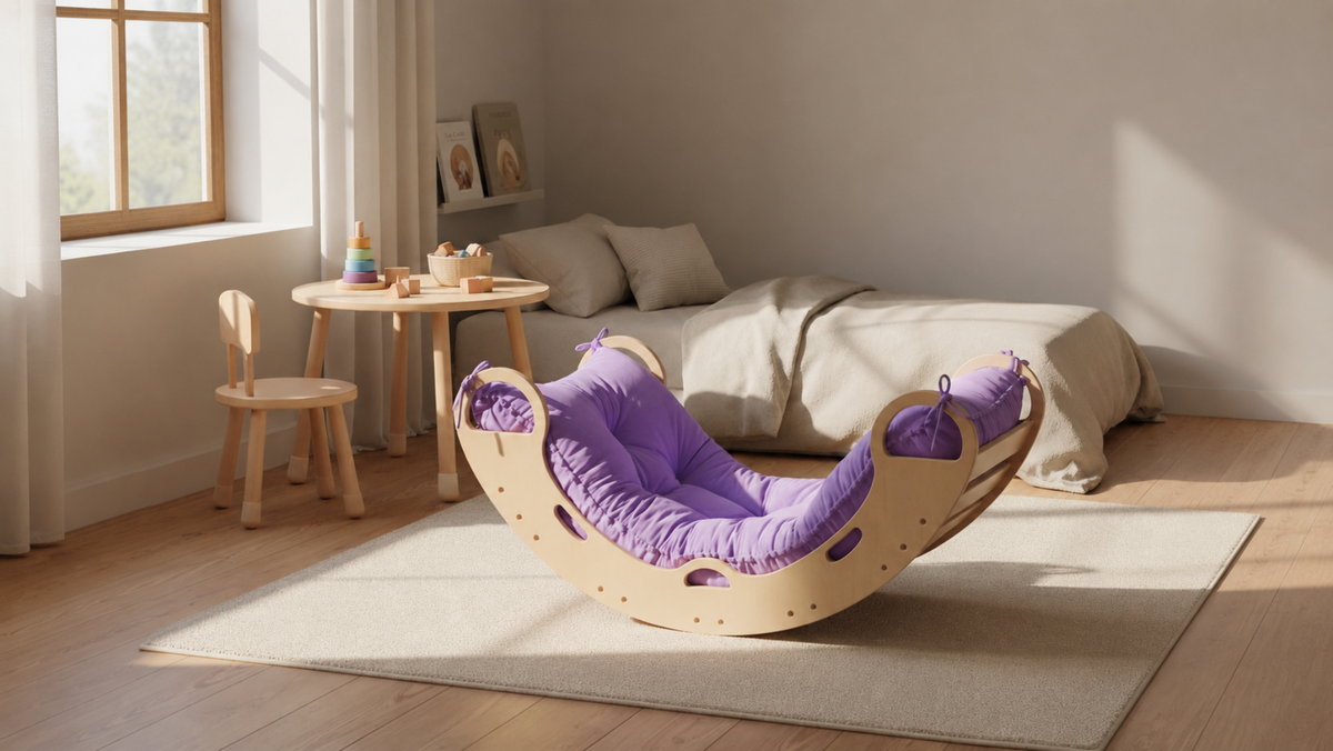 A wooden rocking cradle with a plush purple cushion inside, styled in a bright, modern children's bedroom next to a small wooden table and chair.