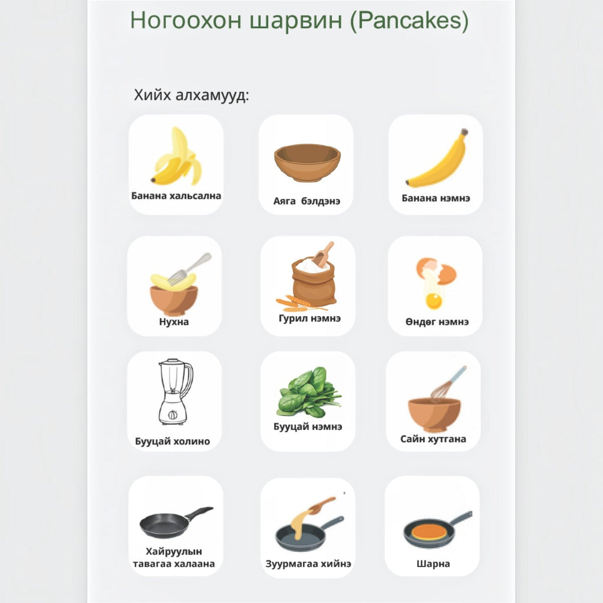 modplay Montessori kids cookbook page showing step-by-step illustrated pancake recipe instructions