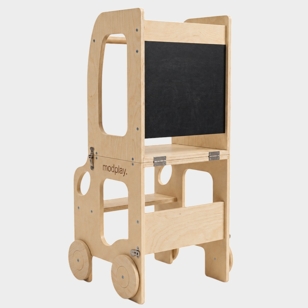 modplay 3-in-1 Montessori learning tower made of natural wood with a built-in chalkboard, shown in tower mode
