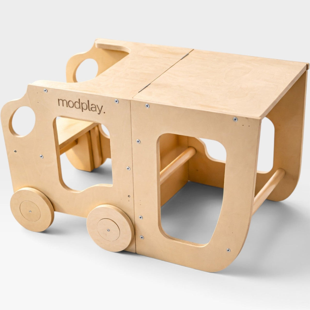 modplay 3-in-1 Montessori learning tower in natural wood, converted into a child's desk and chair set.