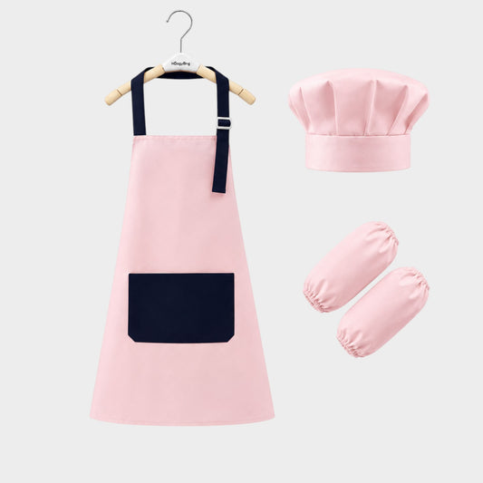 modplay My First Little Chef pink apron set with matching chef hat and arm sleeves for children