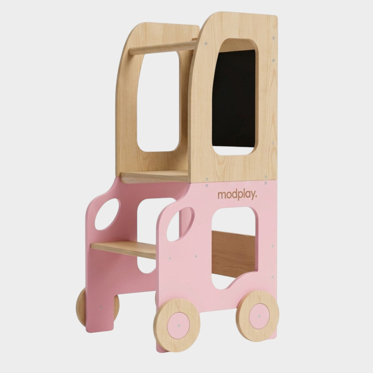 modplay 3-in-1 Montessori learning tower in pink and natural wood with a built-in chalkboard for toddlers.