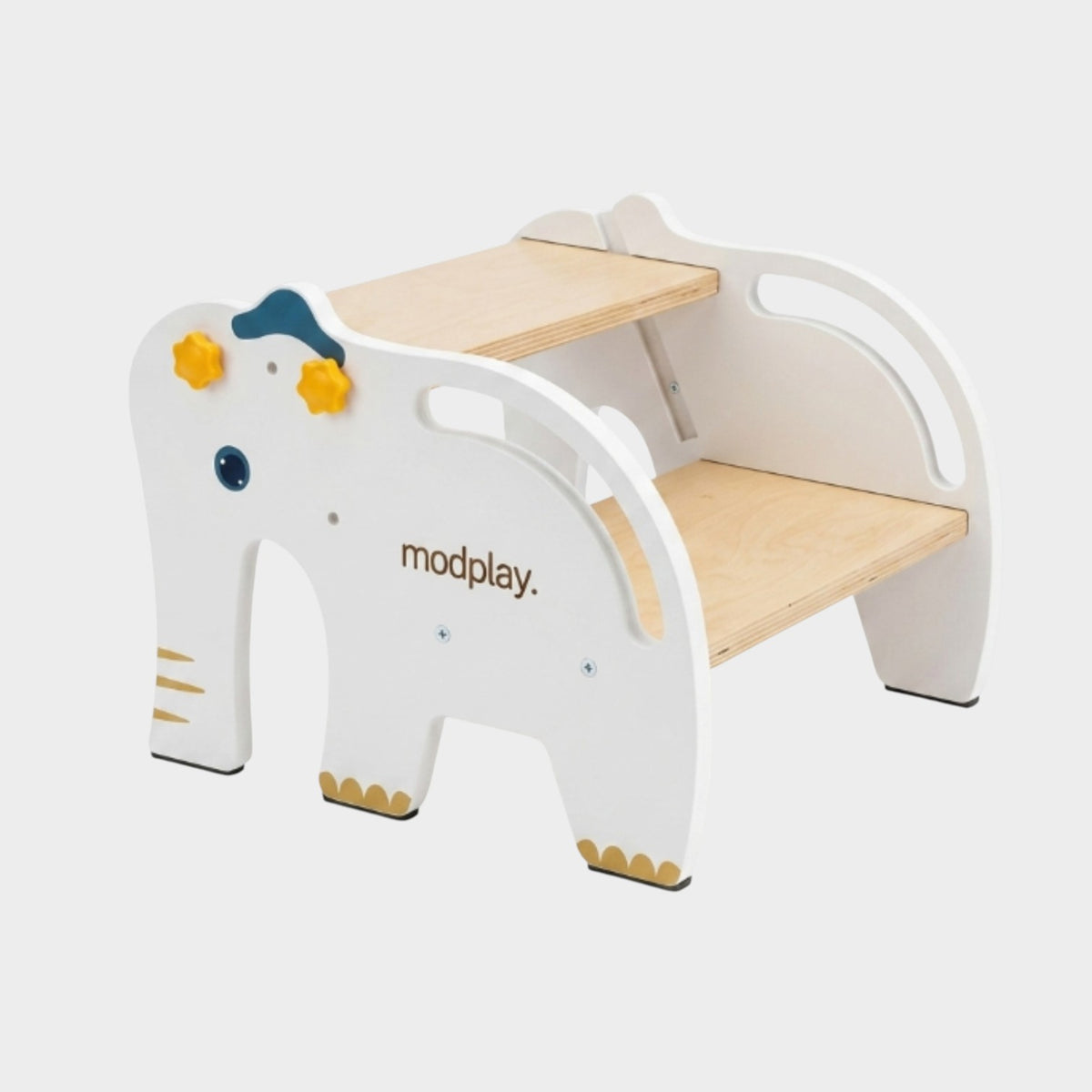 modplay 2-in-1 wooden Montessori helper tower and chair shaped like a white elephant for toddlers
